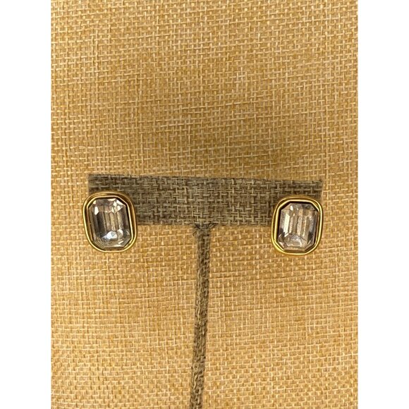 Givenchy Vintage Gold-Tone Crystal Stud Earrings Rectangular Clear Glass Rhinest - Picture 11 of 13